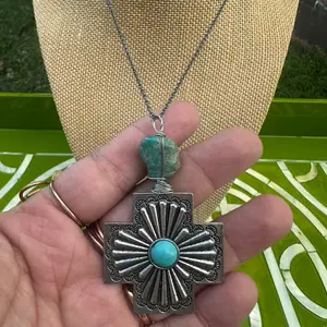 Paladar Nativo Turquoise Stone & Silver Tone Cross Necklace - Handcrafted Southwest Jewelry