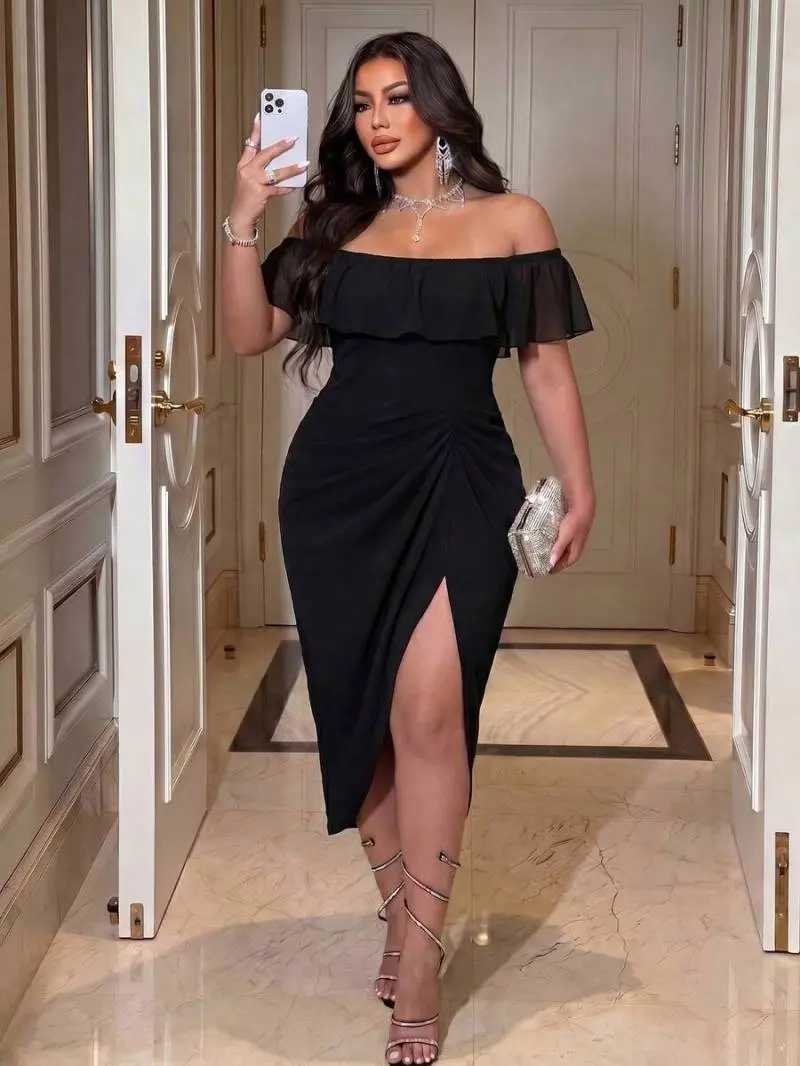 ELIEEN Plus Size Women's Ruffle Off-Shoulder Short Sleeve Cinched Waist Ruched Hem Slit Dress