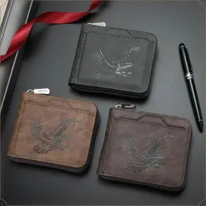 Leather Eagle Embossed Wallet for Men with Gift Box Vintage Men's Zipper Wallet with ID Window Cash Pocket, Secure Card Case for Travel & Everyday Use Valentine's Day Gifts