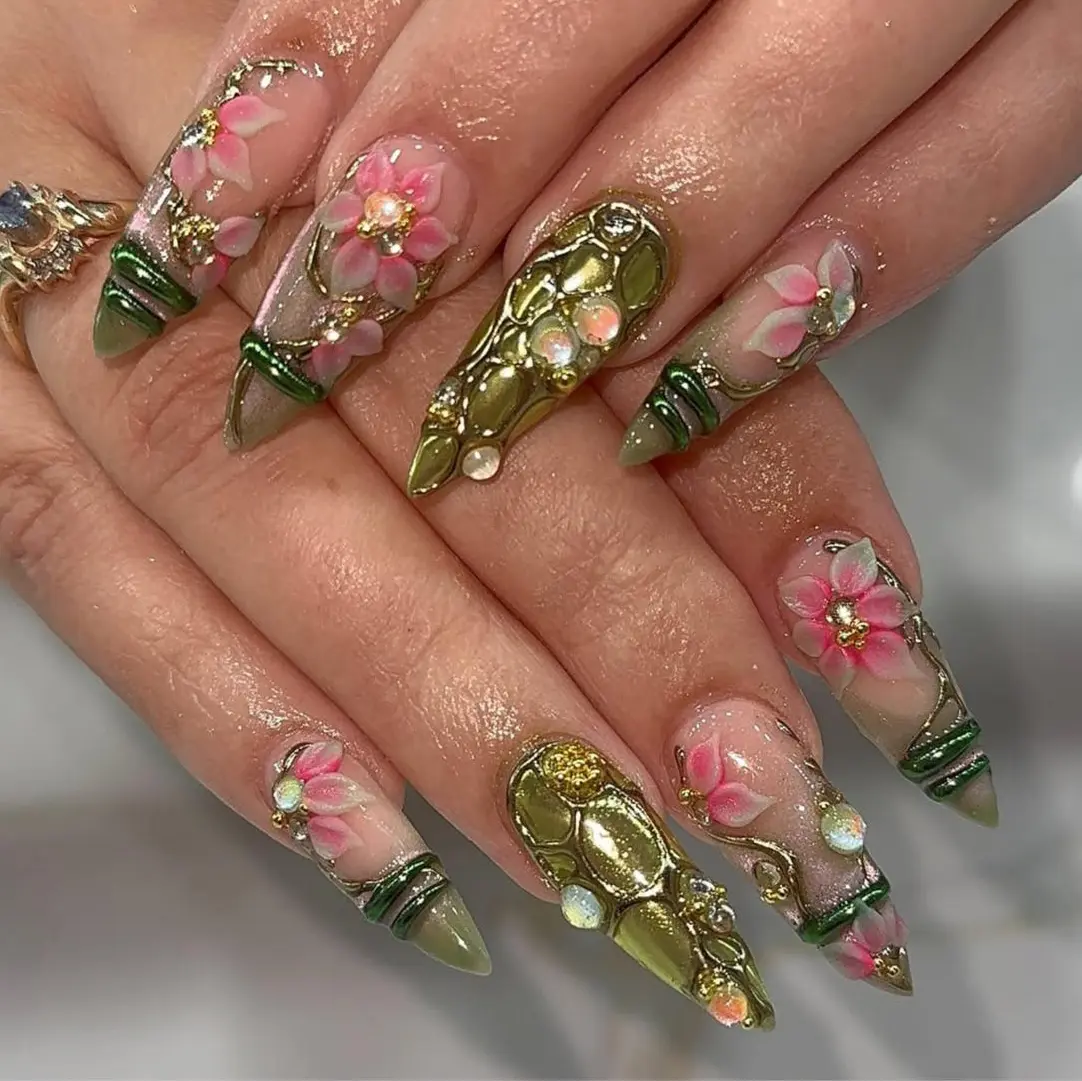 Enchanted Garden Press On Nails | 3D Pink Floral Nail Art | Green Gold Luxury Fake Nails | Elegant Nature Press Ons |Nature Nail Art