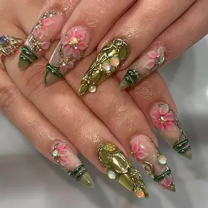 Enchanted Garden Press On Nails | 3D Pink Floral Nail Art | Green Gold Luxury Fake Nails | Elegant Nature Press Ons |Nature Nail Art