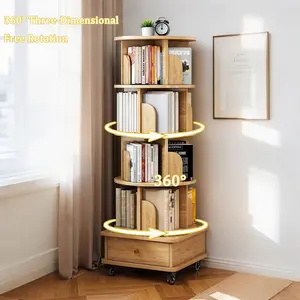 5 Tier Rotating Bookshelf 360° Display Round Spinning Bookshelf with Wheels Space-Saving Small Space Rotating Bookshelf Tower for Bedroom Living Room Home Office Wood Color