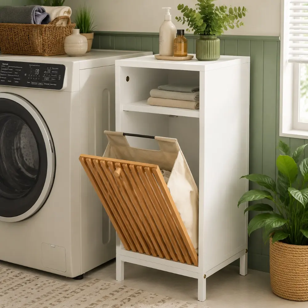 Littleox Space Saving Bathroom Side Cabinet with Bamboo Front, Tilt Out Hidden Laundry Hamper, Conceal Dirty Clothes Eco-Friendly Storage Cabinet for Tiny Bathrooms