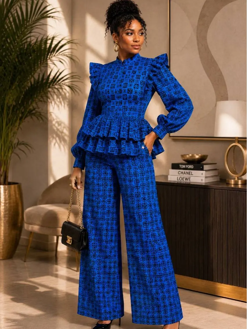 Royal Blue African Print Peplum Top & Palazzo Pants Set | Elegant Ankara Two Piece Outfit for Women