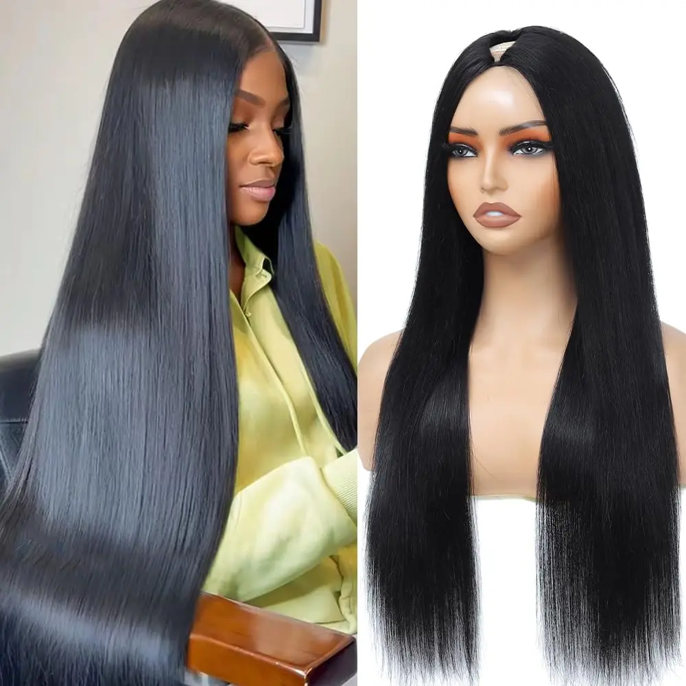 [V Part Wig] MYLOCKME Hair Straight V Part Drawstring Glueless Wig 180 Density Brazilian Hair Glueless Ready To Wear Upgrade Human Hair Wig for Women Beginner Friendly