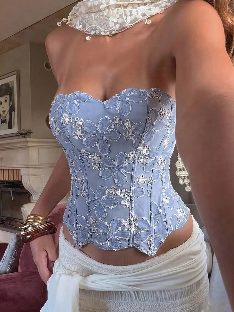 ESENON Women's Floral Elegant Corset Top, Lace Sheer Floral Patchwork Sequined Strapless Bra For Vacation