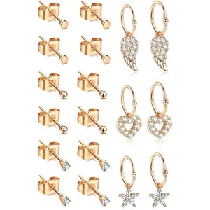 FINREZIO 18 Pcs Rose Golden Silvery Cute Easy-Wear Earrings Set for Women Men Secure Sparkle CZ Studs Clicker Dangle Hoops with Exquisite Heart Wing Star Accent Hypoallergenic Jewelry Set for Beginners Multiple Piercings Daily Wear