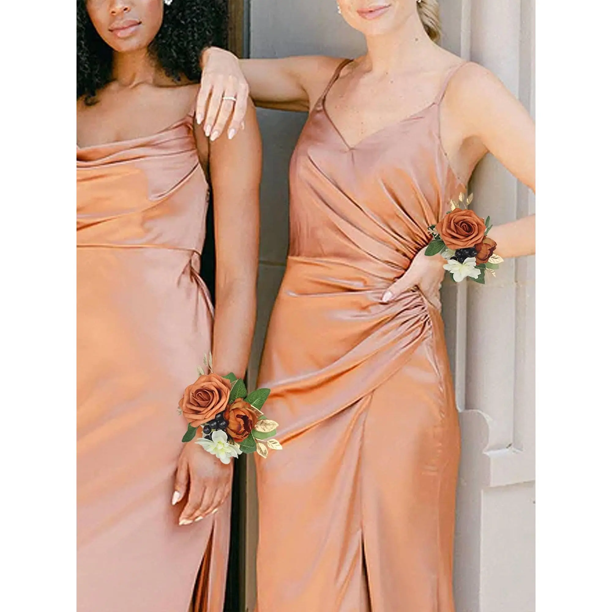 Rinlong Burnt Orange Silk Flower Wrist Corsage - Adjustable Faux Pearl Wristlet, Elegant, Custom Fit, Flowers, Floral Foam, Homecomings Wedding Party Supply