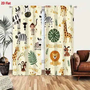 2D Flat WILL & FREE Safari Jungle Animals Patterned Blackout Curtain 2-Piece Set for Nursery, Light Beige with Cartoon Zebra Giraffe Lion Monkeys Palm Leaves Geometric Design, Playful Handwritten Font Nursery Window Drapes for Kids Bedroom Living R