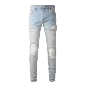 Men Biker Jeans Cracked Pleated Patch Patchwork Stretch Denim Pants Streetwear Holes Ripped Skinny Trousers