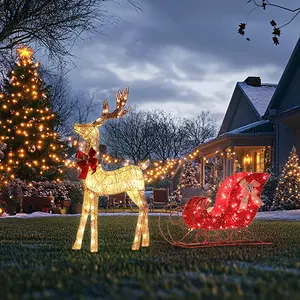 Light up Christmas Decor Deer Set, Lighted Christmas Deer Decorations & Sleigh 2 Pcs for Indoor Home Outdoor Front Yard Porch with 160 LED Lights, Ground Stakes,Cable, Gold &red Sleigh