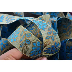 Blue and Gold Metallic Flower Lace, 1 1/2" (35mm wide), One Yard