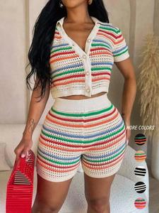 women's colorblock striped print button front crop cardigan & high waist shorts sweater co-ord set, casual short sleeve collared top & skinny shorts for summer, womenswear, matching outfits, casual outfits women
