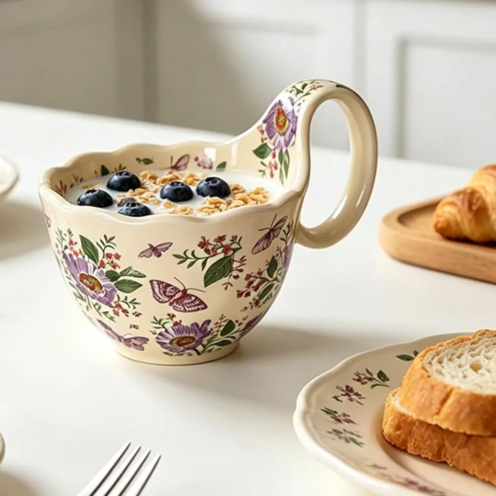 YQ&AMK Ceramic Soup Bowls with Handles - 15.21 oz Large Microwave & Dishwasher Safe Soup Mugs, Hand-Painted Floral Polish Pottery Style Bowls for Soup (Purple Butterfly Flower - Big Ear Mug) sohochic