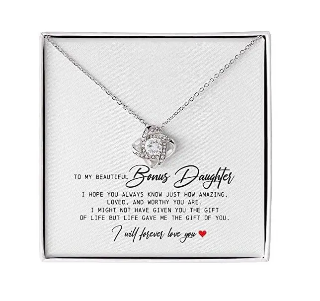 Bonus Daughter Necklace Gift, Love Knot Jewelry With Sentimental Message From Stepparents