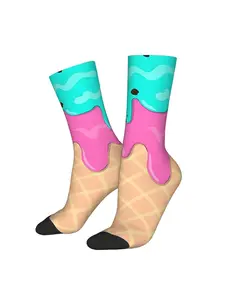 Kawaii Ice Cream Cone Patterned Socks Polyester and Elastane Blend Knitted Fabric AllOver Print Hand Washable for Sports Shopping Hiking Travel Gym School