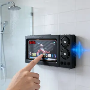 Waterproof box speaker, bathroom waterproof 360 ° rotating touch screen, Bluetooth speaker, watch movies, listen to music, phone holder Bluetooth speaker audio shower TV holder, swimming pool, kitchen, bathroom, sink, Stereo Speaker