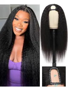 Women Yaki Puffy U-Shaped Hair Cap, Kinky Straight Long Straight Hair U-Part Wig, Glueless Clip-In Half Wig, Machine Made Wigs