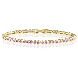 Bezel Tennis Bracelet - Pink Summer Colors CZ Stones Water Resistant Tarnish Resistant 6 1/2" Bracelet with Emerald Clear Sapphire Blue Options