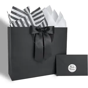 Black  Bags with Handles,11.8x3.9x9.8 Inch  Bags Medium Size with Tissue Paper,Cards and Bow,Black  Bag for Father's Day,Wedding Party, Anniversary,Men's Birthday