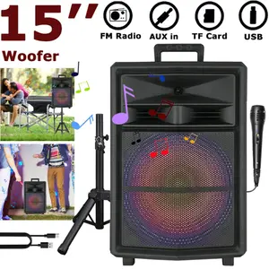 Portable Bluetooth PA Speaker - 15" Rechargeable Outdoor Karaoke Party Speaker, Audio System w/Wired Mic and Wheels, TWS LED Lights FM/AUX/USB/TWS