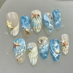 Blue Summer Vacation False Nails, Beach Sand Painted Sea Wave Starfish Shell Nail Art, Wearable Manicure Tips, Single Item Pack