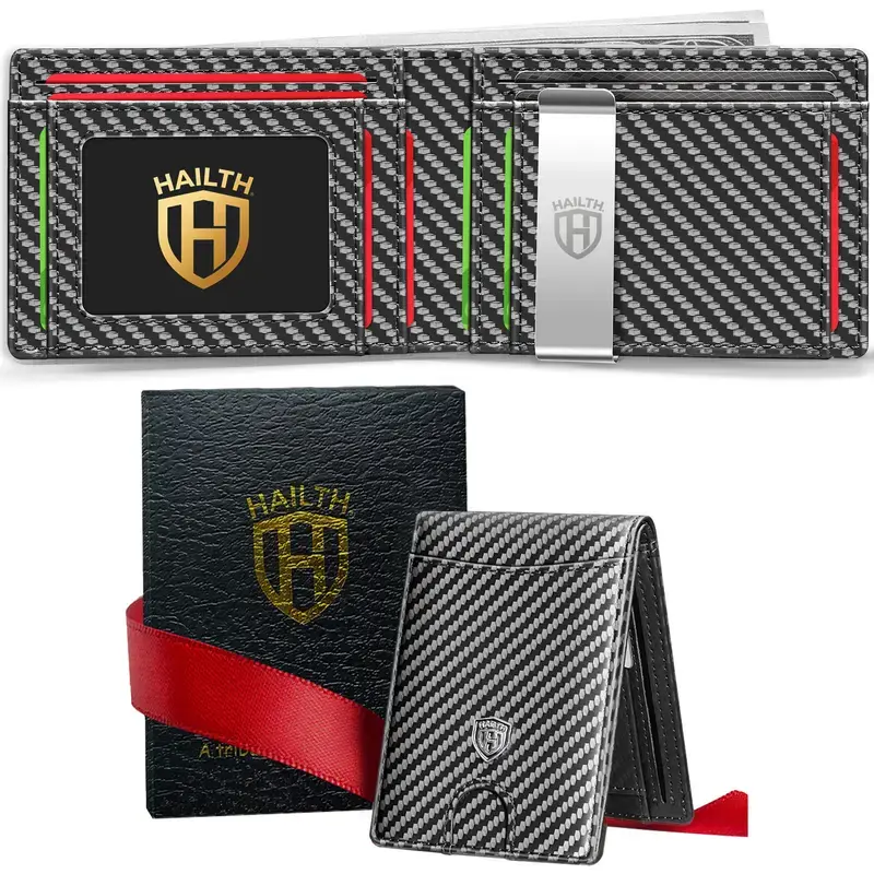 2026 Men's Minimalist Slim RFID Blocking Leather Bifold Wallet, Carbon Fiber Front Pocket Credit Card Holder with ID Window, Cash Slot & Money Clip, Gift Box Included for Father’s Day Birthday Gifts outdoor fun