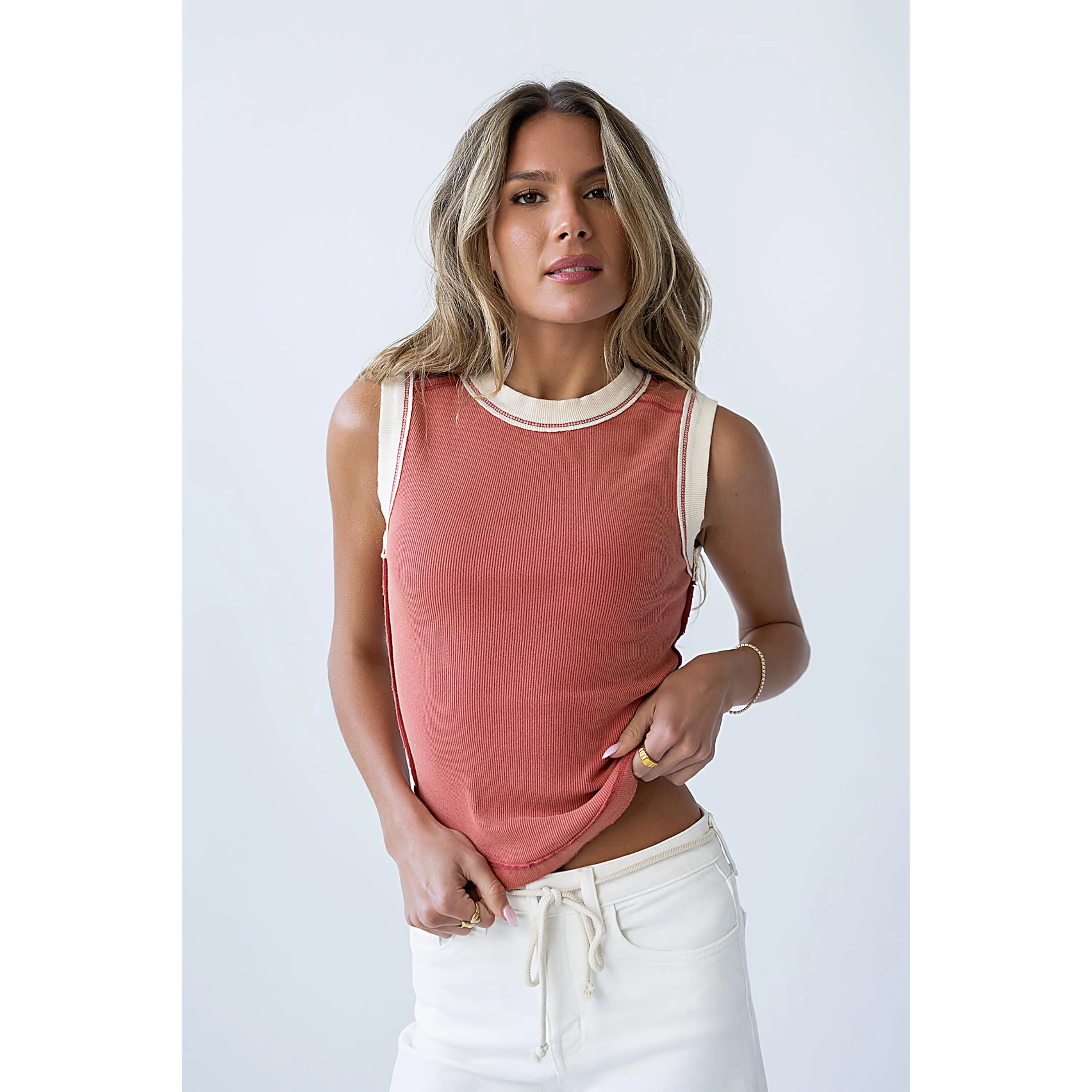 Women's Basic Ribbed Cotton Tank Top, a Casual Sleeveless Round Neck Shirt with Reverse Seam Detail and Contrast Hem, Spandex, Tops, Lady