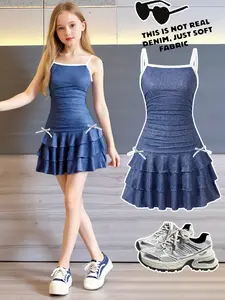 Girls' Trendy Denim-Style Top and Skirt Set, Casual Comfortable Digital Print, Perfect for Everyday Wear