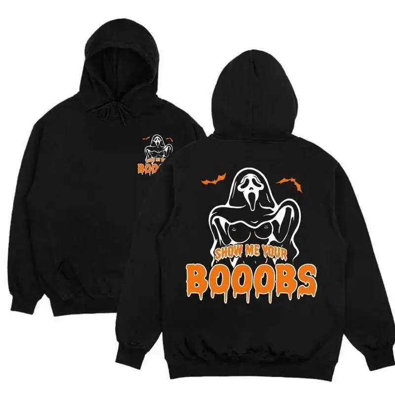 Menswear Unisex Casual Ghostface Print Pullover Hoodie - "Show Me Your BooBie" Design, Vintage Halloween Fall Top, Funny Gifts Tee or Sweatshirt Option