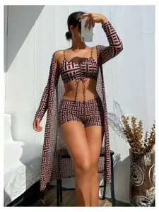 Women's Swimsuit 3 Piece Set - Geometric Print Bralette Top, High Waisted Swim Shorts & Sheer Cover Up - Bathing Suit Outfit for Vacation, Beach, Pool - Stylish Swimwear