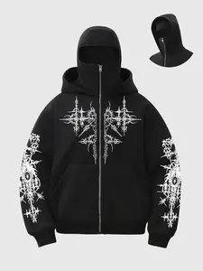 Hooded Zipper Sweatshirt, Gothic Style Design, Dual-Layer Hood Structure, Trendy Dark Aesthetic Clothing for Casual Wear