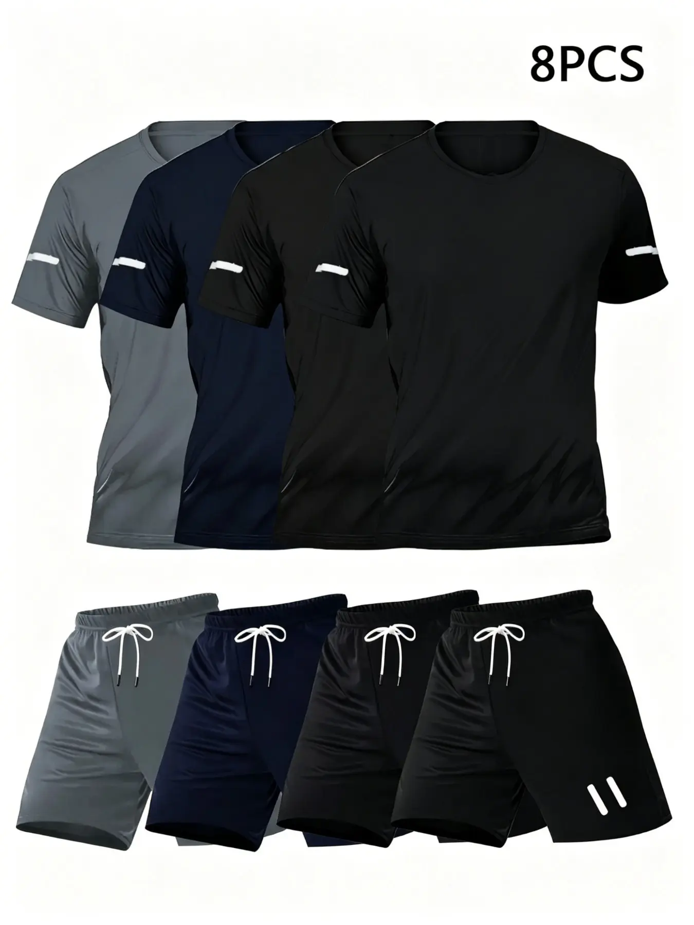 Men's Sportswear Set (4 Set/8 Pieces), Athletic Clothing, Gym Casual Wear, Gym Workout Sportswear, Outdoor Athletic Sportswear, Quick-Dry Breathable Short Sleeve T-Shirt and Pocket Elastic Waist Shorts, Ideal for Spring, Summer and Fall