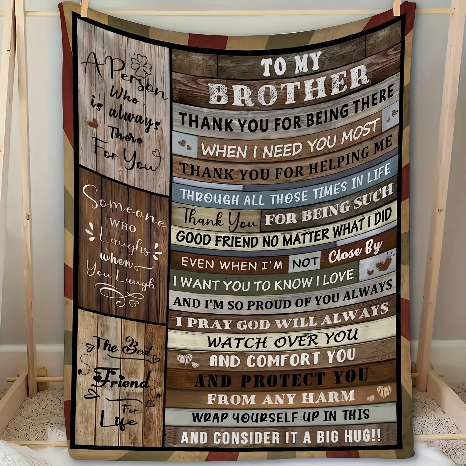 To My Brother Gift from Sister Brother Soft Cozy Flannel Blanket - Rustic Wood Grain Sentimental Love Letter Big Hug Print Plush Throw, Warm Fuzzy Bedroom Sofa Blanket, Perfect Birthday Graduation Christmas Gift for Brother Men Home Decor