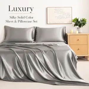 Satin Bed Sheet Set, Luxury and Silky Solid Color Sheet and Pillowcase Set, Flat Sheet, Pillowcases, Fitted Sheet with Deep Pocket, Grey