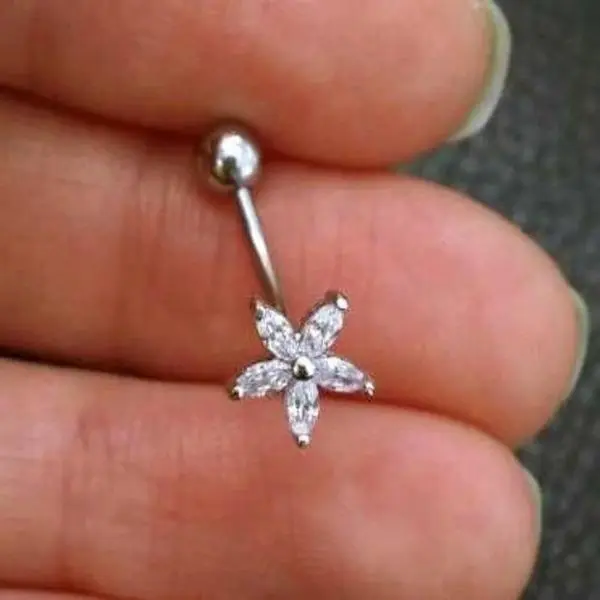 CZ Flower Belly Button Ring • Silver Floating Navel Ring • Gold Dainty Sparkly Belly Ring • Floral Belly Piercing • Belly Jewelry Gift Ideas