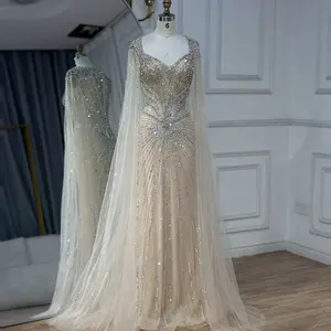 SERENE HILL 2026 Nude Cape Sleeve Beaded Saudi Arabic Elegant Evening Dresses Long Gowns Formal Occasion LA72575A for Special Events