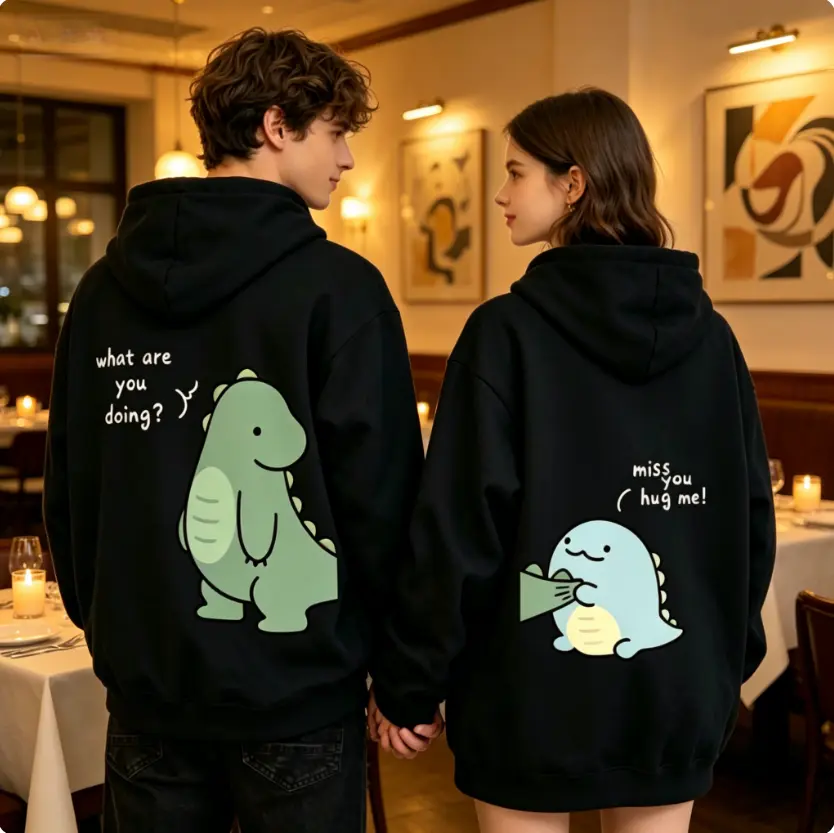 Men's Unisex Cotton-Blend Dinosaur Hoodie Tops - Cozy Streetwear Fabrics for Couples' Matching Anniversary Outfits, Pajama Vibe Pullover