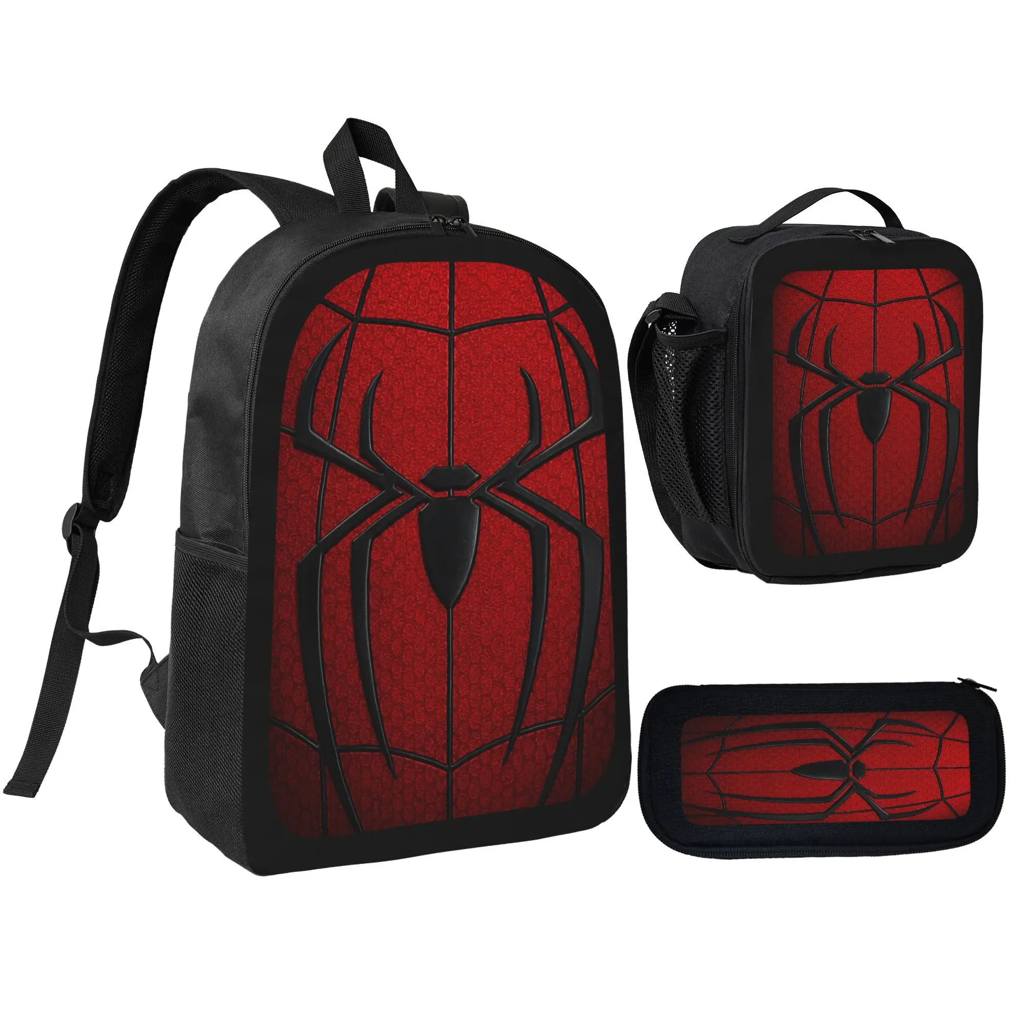 Back to School Gift, Halloween Gift, Christmas Gift - Red & Black Arachnid Web Graphic 3-Piece School Backpack Set, Multiverse Spider Hero Bookbag, Lunch Box & Pencil Case for Daily School & Holiday Surprise
