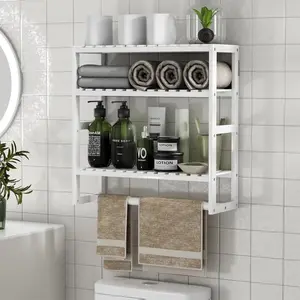 [New Deal]-Towel Rack Bathroom Storage Shelves Over The Toilet with Towel Bar 100% Bamboo Adjustable Height Floating Shelf Wall Shower Shelf for Small Space Bathroom Kitchen Multi Usage (White-1Pack)