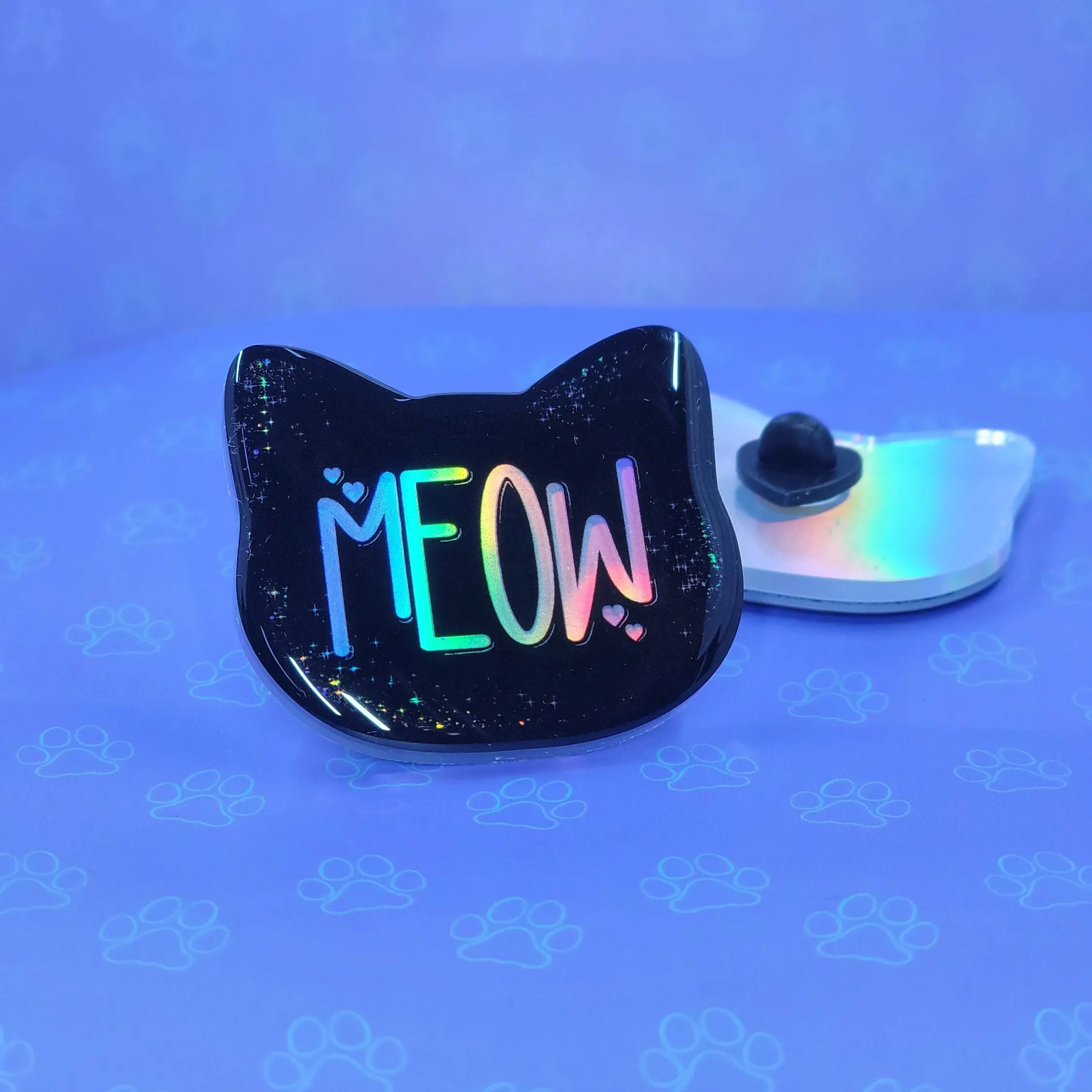 Cat-Cute-Holographic Pin |Holographic Meow Pin| Cat Pin 2"x1.75" |Cat Shaped Epoxy Acrylic Pin|
