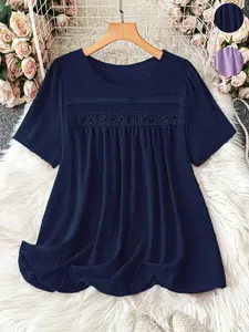Plus Size Women's Solid Color Embroidered Top, Round Neck Loose Fit Babydoll Shirt, Casual Summer Wear, Office, Daily, Date, Home