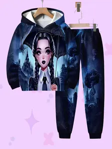 Women's Casual Hooded Sweatshirt Set, Wednesday Addams Graphic Print, Spring & Fall Wear, Fitted Design