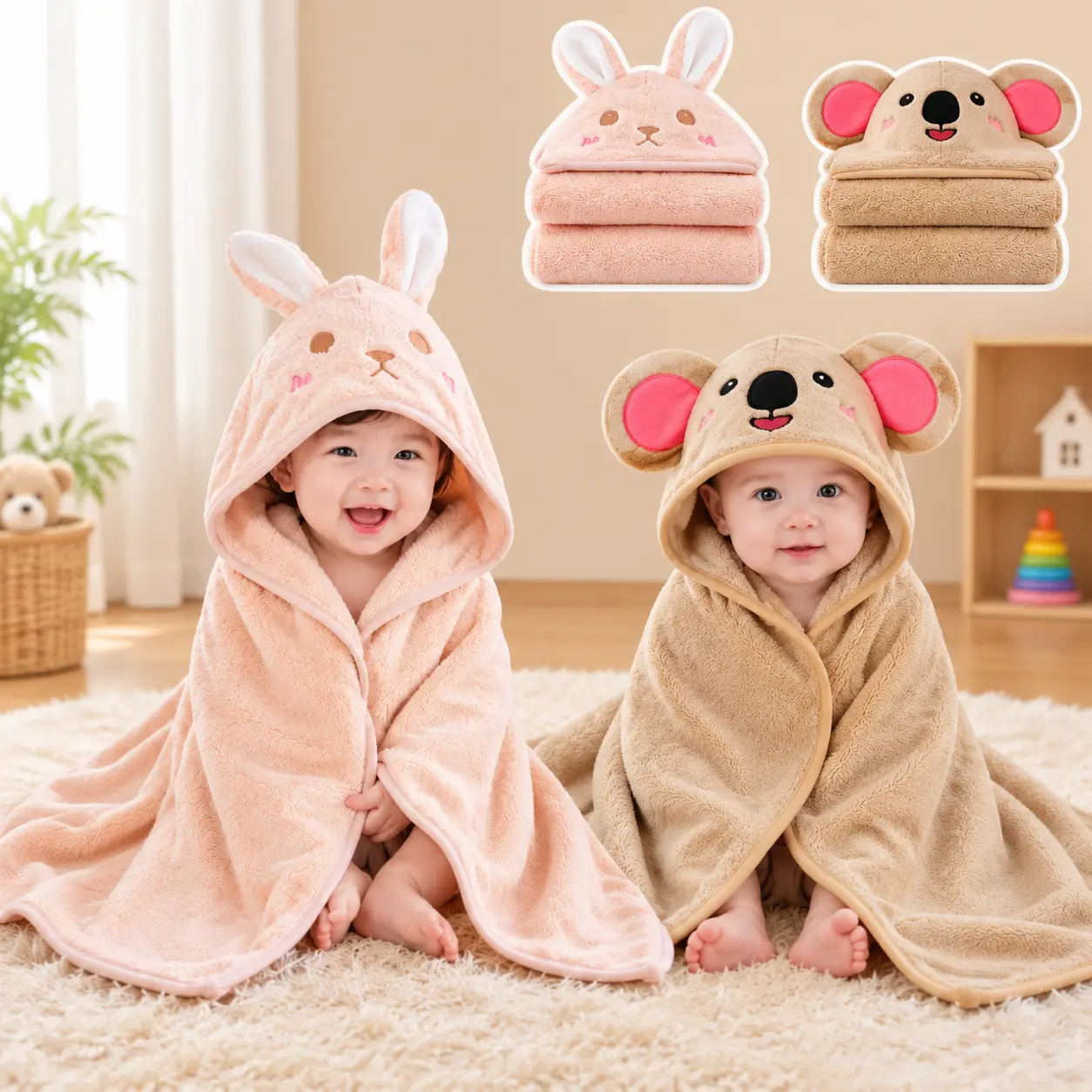 Baby Hooded Towel Animal Bathrobe, Cute Bunny & Koala Design Soft Absorbent Bath Towel Blanket for Newborn Infant Toddler
