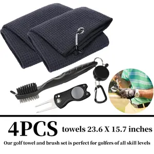 4PCS Golf Towel and Brush Set, Golf Towels for Golf Bags, Golf Club Cleaning Set with Ball Marker Black Microfiber Towels Golf Divot Tool Brush for Men, Golf Bag Accessories Kit Sports & Outdoor