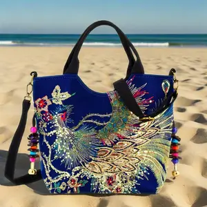 Outdoor Bohemian Canvas Tote Bag with Good luck, auspiciousness, Chinese style Phoenix Sequin Totem Design, Handmade Embroidery