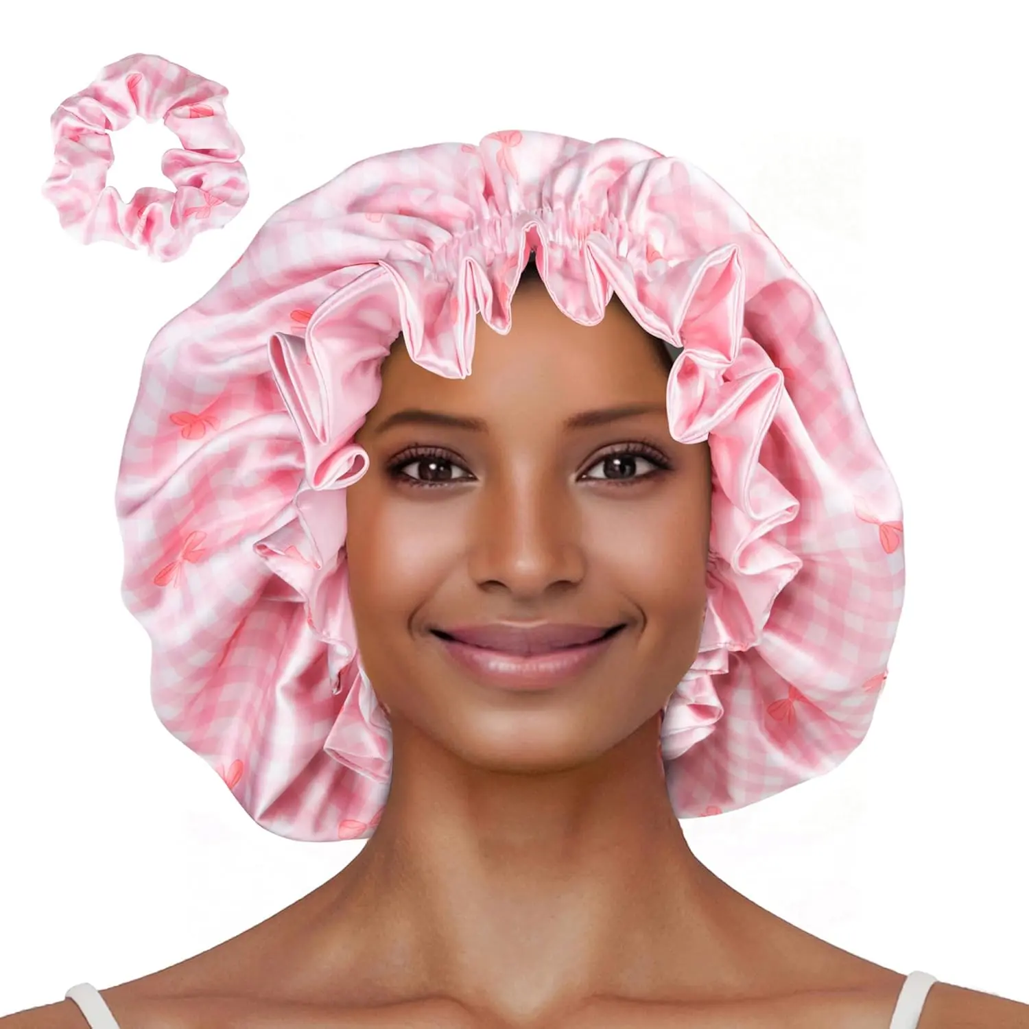 Floral Satin Bonnet with Scrunchie Set,Double Layer Ruffle  Sleeping Shower Cap for Curly Hair Pink-bow