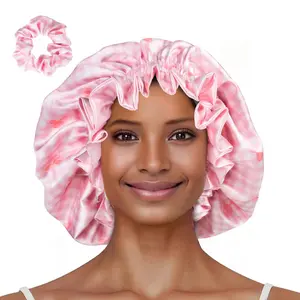 Floral Satin Bonnet with Scrunchie Set,Double Layer Ruffle  Sleeping Shower Cap for Curly Hair Pink-bow