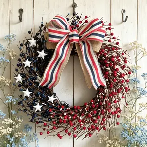 18 Inch Patriotic Red White Blue Berries Wreath for Front Door,    Memorial Day Independence Day Burlap Bow Wreath for Home Decor, American Flag Day Wreath for Indoor and Outdoor Use 4 th of july decorations