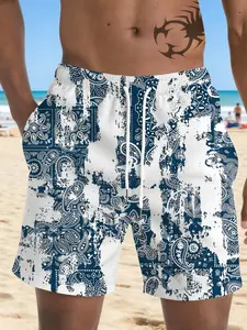 Men's Summer Vintage Nut Flower Towel Print Beach Shorts, Swimming Shorts, Quick-Dry Loose Fit Vacation Swim Trunks, Casual All over Print